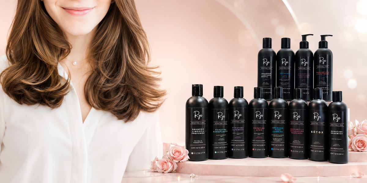 Mujer con cabello brillante junto a la línea de productos RYS Keratinas y Más